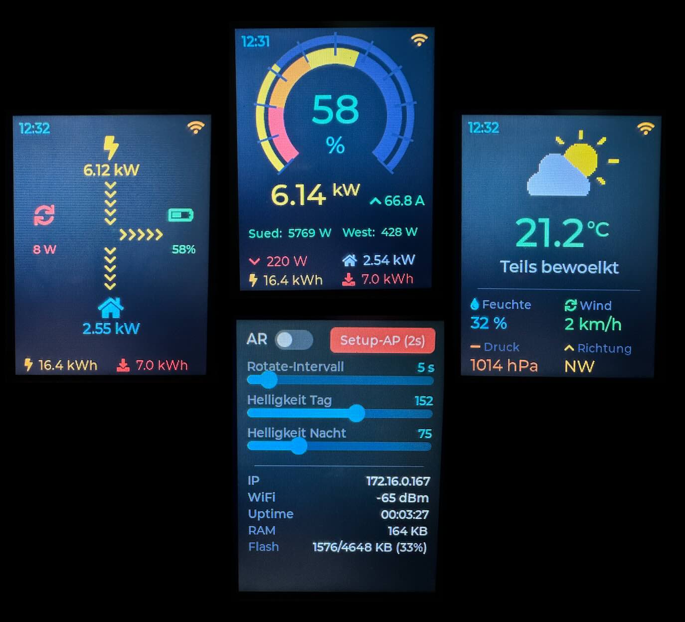 CYD Solar Display: Solar-, Wetter- und Settings-Seite in der Übersicht